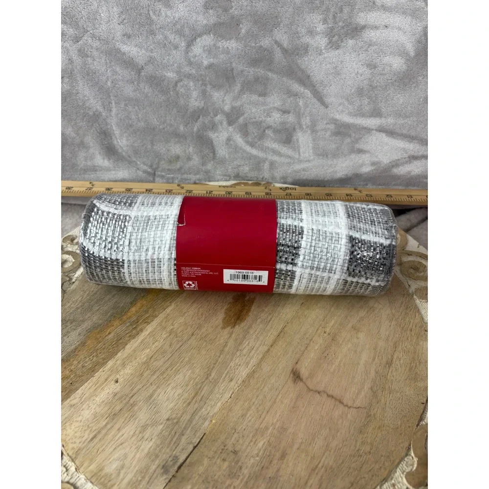 Place & Time Deco Mesh Silver White Black Plaid 10in x 30ft Holiday Ribbon NEW